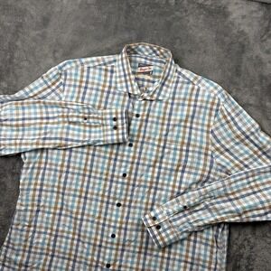 Johnnie O Shirt Mens XL Blue Brown Plaid Long Sleeve Button Up Hangin Out Casual
